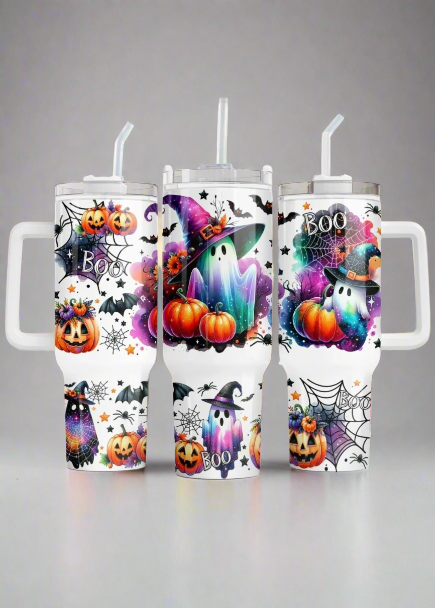 40oz Halloween Tumbler β Cute Ghost with Witch Hat & Pumpkins