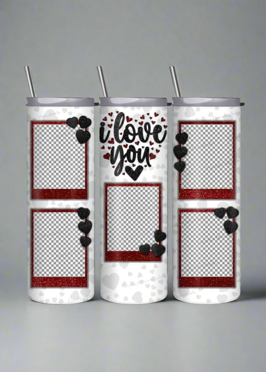 Personalized "I Love You" Tumbler with Photo Frames & Glitter Hearts β 20oz