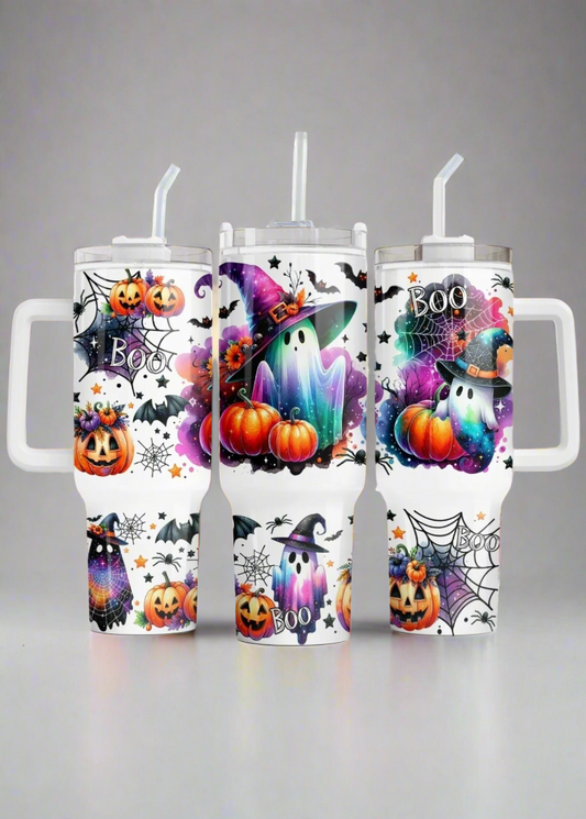 40oz Halloween Tumbler – Cute Ghost with Witch Hat & Pumpkins