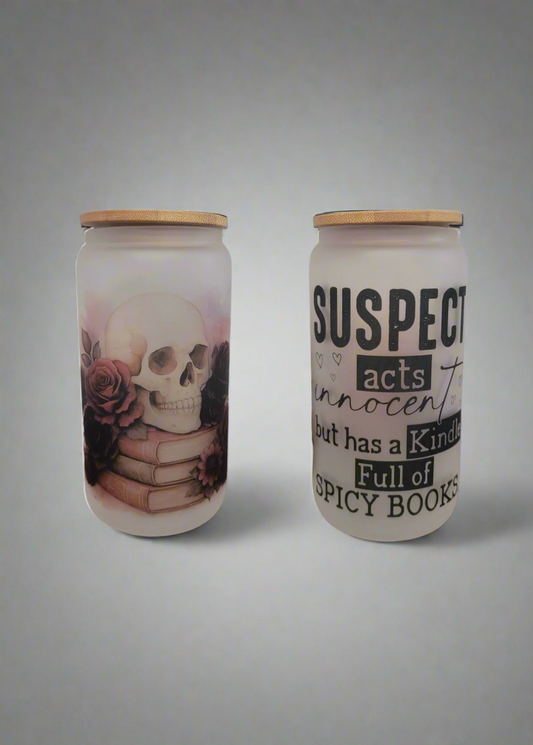 “Suspect Acts Innocent” Skull Book – 16oz Libbey Glass